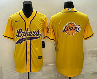Men%27s Los Angeles Lakers Yellow Team Big Logo Cool Base Stitched Baseball Jersey->phoenix suns->NBA Jersey